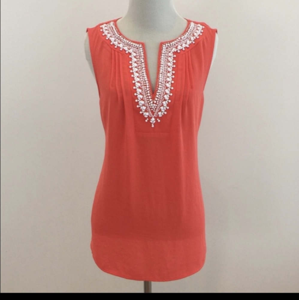 Banana Republic sleeveless v-neck bouse bright orange with white embellishments